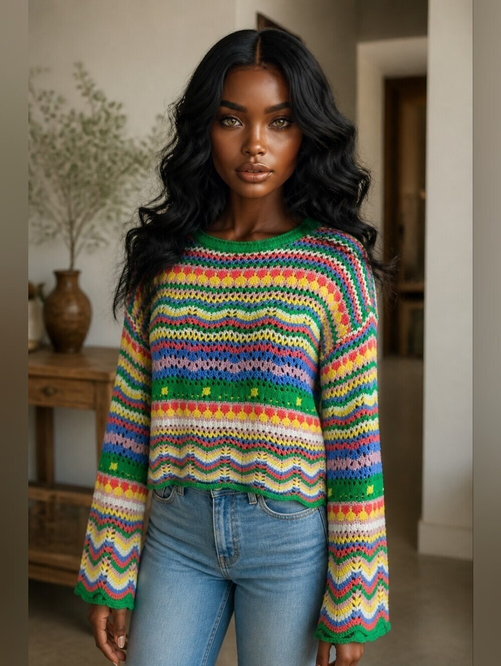 Beginning Boutique Multicolor Striped Crochet Sweater Size S/M